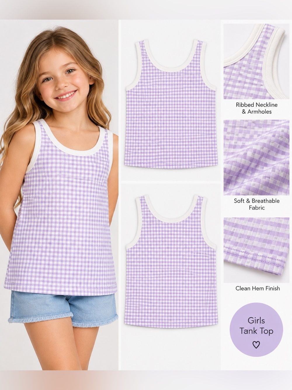 Cat & Jack Lavender Gingham Tank Top with White Trim